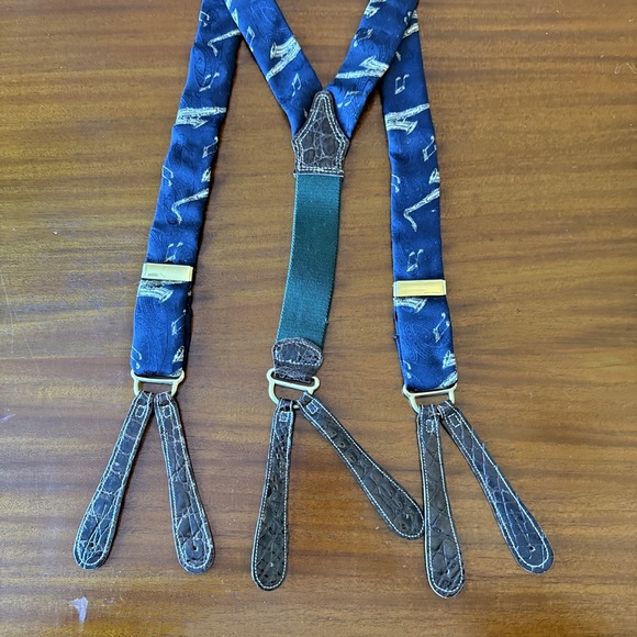 Vintage 90s Navy Saxophone Suspenders Y Back Faux Leather Button Ends Men's 48" - Picture 1 of 6
